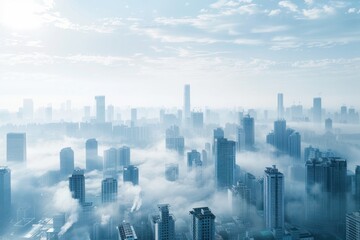 A city skyline is covered in fog, creating a moody and mysterious atmosphere. The buildings are tall and spread out, with some of them reaching up to the sky. The fog seems to be thick and heavy