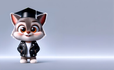 Animated fox character in graduation cap and leather jacket. Concept of fun academic achievement