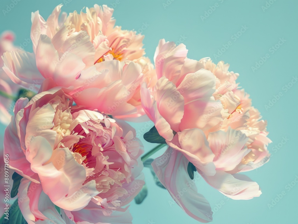 Wall mural Three pink flowers are arranged in a vase on a blue background