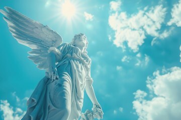 A white angel statue is standing in front of a blue sky with clouds - Powered by Adobe