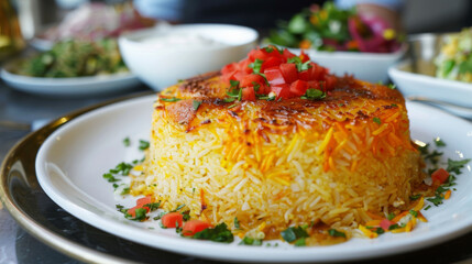 Iranian tahdig rice with crispy crust, fresh herbs, and diced tomatoes: a delicious middle eastern culinary showcase