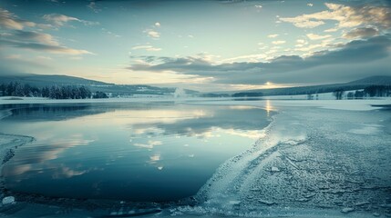 Tranquil Beauty Frozen Lake Reflects Winter Sky in Serene Photo