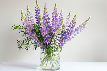Bouquet of purple lupins in a glass vase
