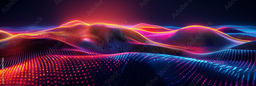 Poster abstract colorful neon light wavy background,3d abstract dots representing digital binary data. conc