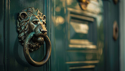 A close-up of a classic house's door knocker in the shape of a lion's head, with a soft focus on the deep green door.