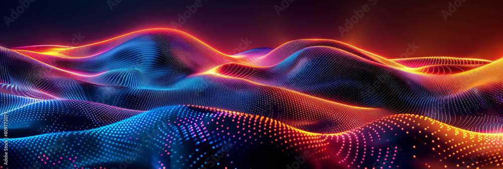 Poster abstract colorful neon light wavy background,3d abstract dots representing digital binary data. conc