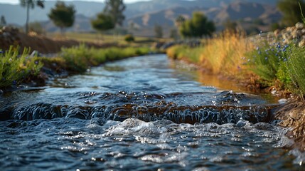 Flowing Serenity: A Water Stream Meandering Through a Verdant Meadow. Generative AI