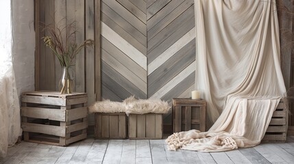 Elegant Chevron Pattern Backdrop with Vintage Wooden Crates and Soft Drapes Background