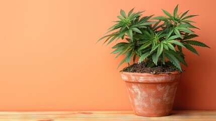   A potted plant rests atop a wooden table, facing an orange wall as it thrives