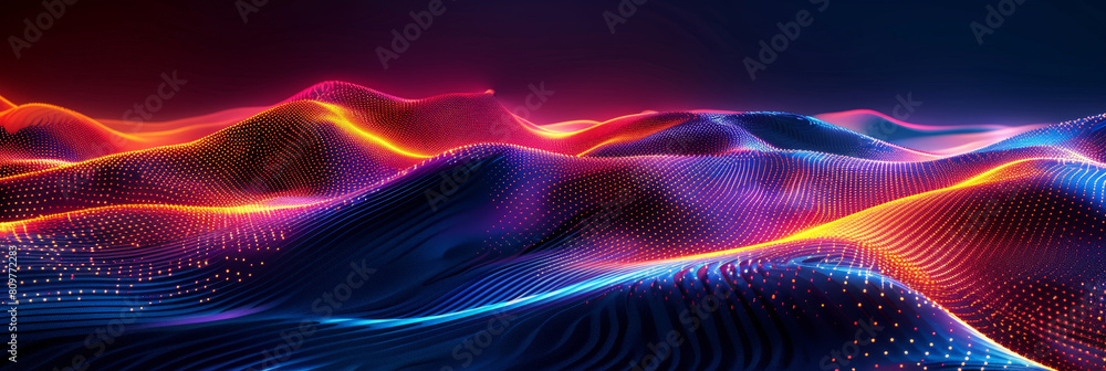 Poster abstract colorful neon light wavy background,3d abstract dots representing digital binary data. conc