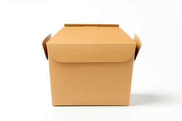 Closed, plain brown cardboard box isolated on a clean, white background with visible details