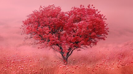   Red tree in a field surrounded by red flowers, with a pink sky as the backdrop