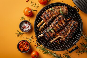 Flatlay close up photo with barbecue on the grill, barbecue concept design - Powered by Adobe