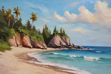 Watercolor illustration of a seashore.