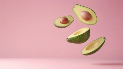 Chic and stylish composition with levitating avocado halves in copy space