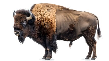 Fototapeta premium Majestic Bison Stands in Profile Against White Background, Symbol of the American West. Wildlife photography, ideal for educational and commercial use. AI