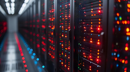 Abstract data center background, database in terminal storage, hardware server room, cloud computing, networking and hosting in rack system