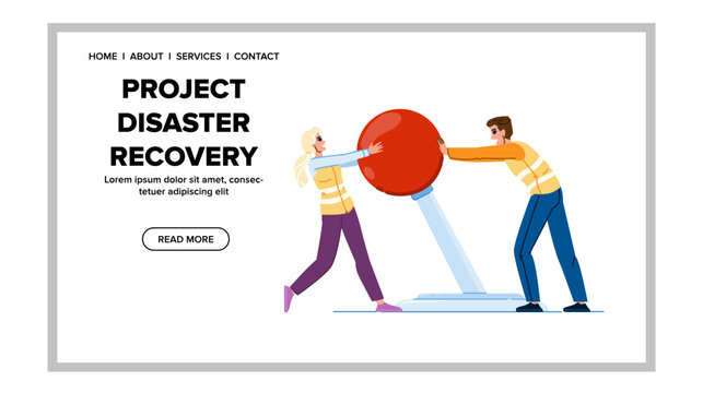 mitigation proect disaster recovery vector. risk strategy, continuity incident, management communication mitigation proect disaster recovery web flat cartoon illustration