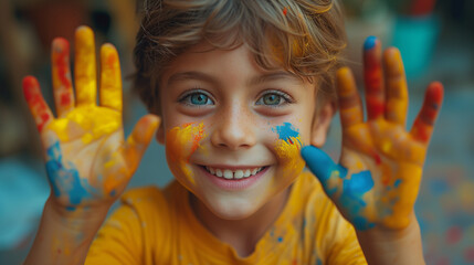 The boy smiles on his hands and face smeared with paint.