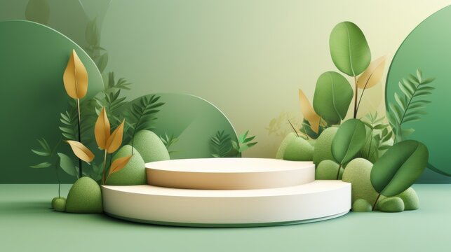 product banner, podium platform with geometric shapes and nature background, paper illustration, 3d paper, postament