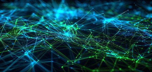 Weaving neon blue and green threads create a digital network on a dark matrix.