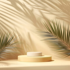 Minimal cosmetic light Corn Yellow background and premium podium display for product presentation branding and packaging presentation. studio stage with shadow of leaf background.
