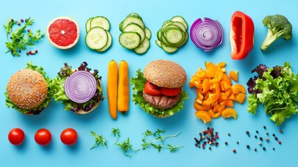 A colorful assortment of fresh vegetables and two burgers arranged neatly on a bright blue background, representing healthy food choices.