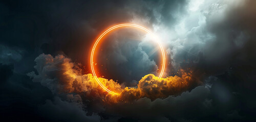 3D round frame showcasing a swirling cloud lit by a blazing gold neon ring.