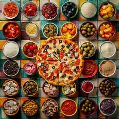 Colorful assortment of pizza toppings and ingredients arranged neatly in a grid pattern, featuring a central pizza surrounded by bowls and plates.