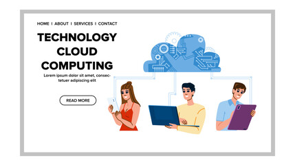 services technology cloud computing vector. virtualization backup, scalability integration, automation migration services technology cloud computing web flat cartoon illustration