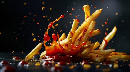 French fries splashing into ketchup with dynamic droplets, against a dark background, capturing a moment of delicious indulgence.