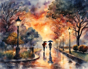 Watercolor rainy autumn day background. A couple under an umbrella walking in the rain. Wet town street. Amazing digital illustration. CG Artwork Background