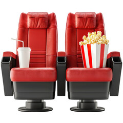 Movie chair with popcorn and cup of soda drink on it, on transparent background