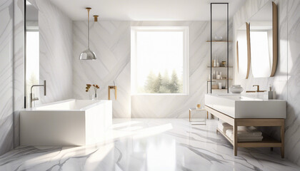 modern bathroom in white marble, day light
