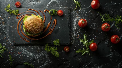 Gourmet burger with artistic sauce decoration on a slate board, surrounded by tomatoes and greens...