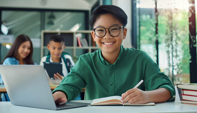 Thriving in Knowledge: Portrait of a Joyful Student Boy Radiating Confidence as He Poses for the Camera, Engaged in His Studies with Laptop and Textbook on His Desk, Fully Embracing the Opportunities