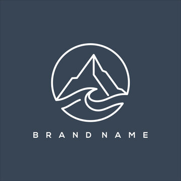 line art mountain and wave circle logo vector