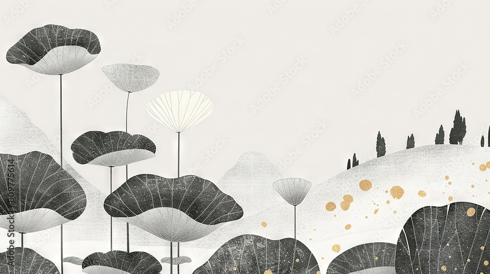 Poster an image of black and white flowers in a field surrounded by trees with a sky backdrop