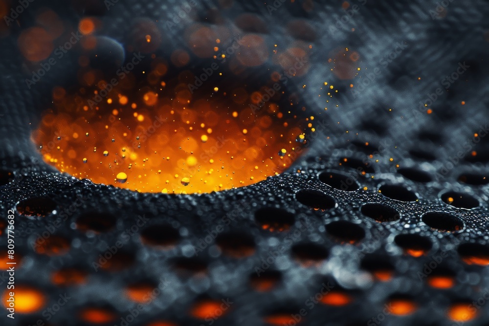 Poster a mesmerizing close-up shows orange particles ascending from a structured, dimpled surface that play