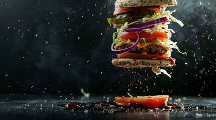 Floating layers of a hamburger ingredients in mid-air with dramatic lighting on a dark background,...