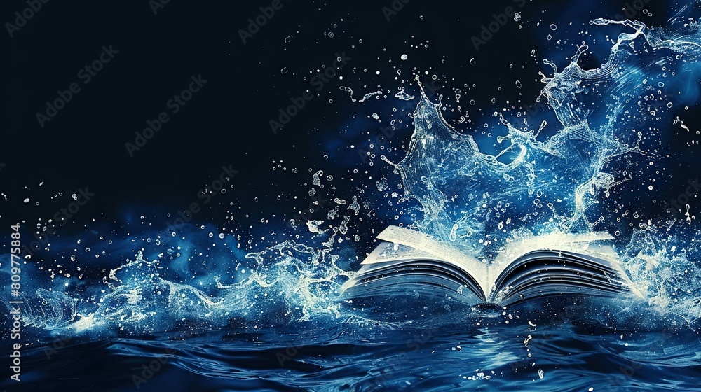 Poster an open book floating on a body of water with a splash of water emanating from it