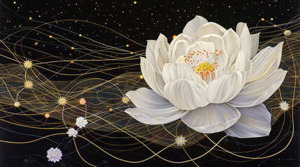  A stunning depiction of a pure white bloom set against a dark canvas, enhanced by intricate golden and white patterns at the base