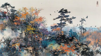  A painting depicts a dense forest brimming with towering trees and soaring birds above their branches