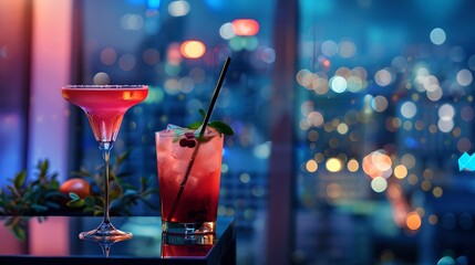 Elegant cocktails at night, city skyline backdrop, an urban nightlife scene. Chic drinks on a bar counter. Perfect for hospitality marketing. AI