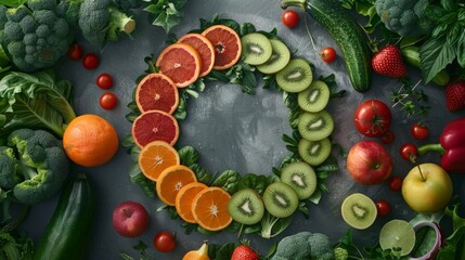 Conceptual image of spinning fruits and vegetables forming a circle, symbolizing unity