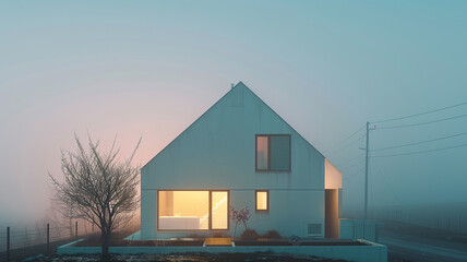 A delicate cream house, blending naturally with the minimal suburban landscape, illuminated by the soft light of dawn.