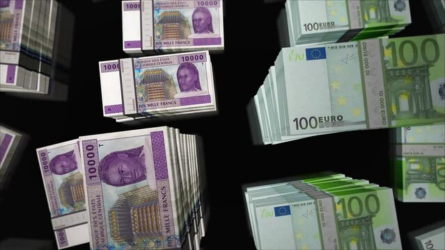 Euro and Central African CFA Franc money Cameroon Chad Congo Gabon money exchange. Paper banknotes pack bundle. Concept of trade, economy, crisis, banking and finance. Notes loopable seamless 3d.