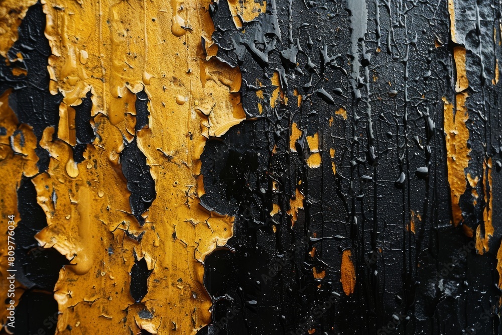 Poster close-up view of peeling yellow and black paint creating a stark contrast symbolizing change and dua
