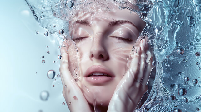 artistic commercial photography of young caucasian woman with smooth and firm skin among water droplets, translucent gel, deep hydration, skin renewal