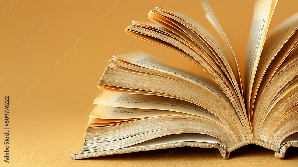 Aufkleber an open book sits on top of a table next to scissors on a yellow surface